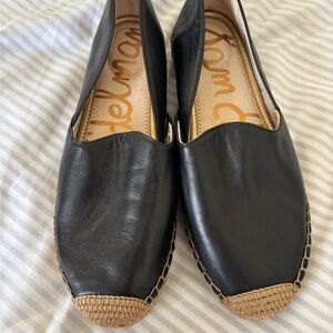 Sam Edelman Black Leather Espadrille Slip-Ons with Natural Jute Toe